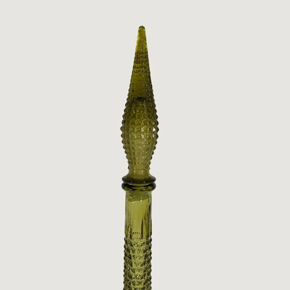 Vintage Empoli Italian Olive Green Glass Genie Bottle Decanter Diamond‎ Hobnail